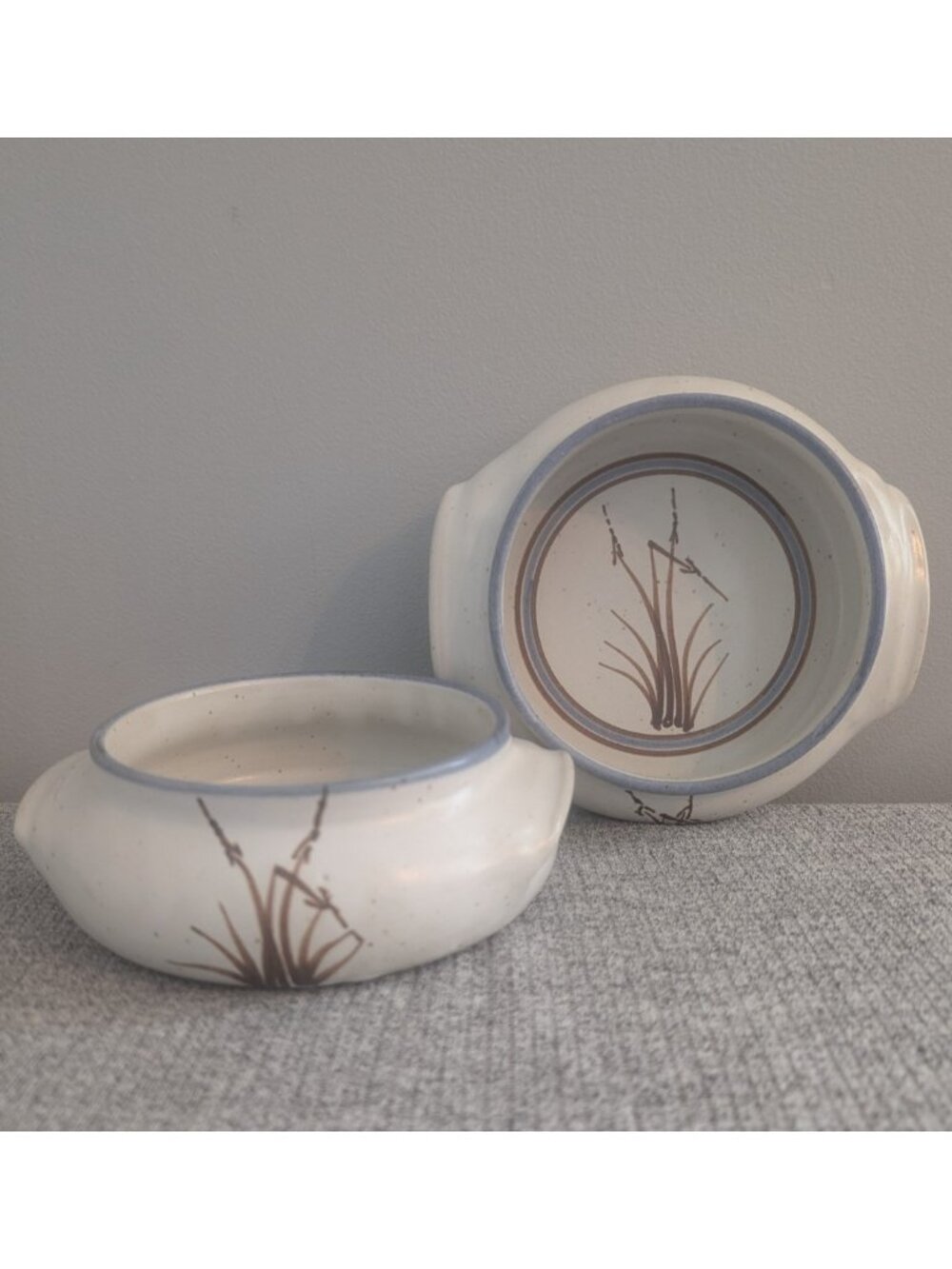Pair of Wheat-themed Handled Pottery Soup Bowls with Blue Trim Signed "Fox," EUC